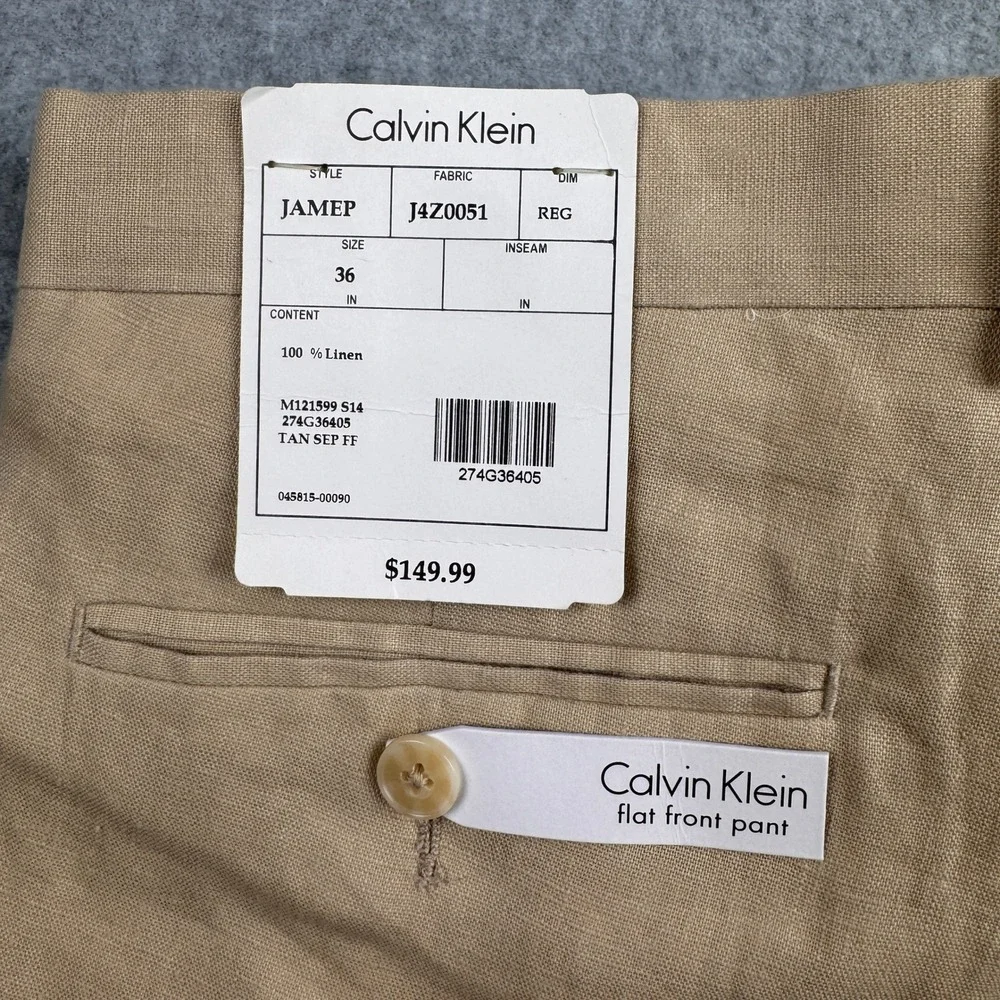 Calvin Klein Pants Mens 36 Beige 100% Linen Flat Front Suit Separate Dress NEW